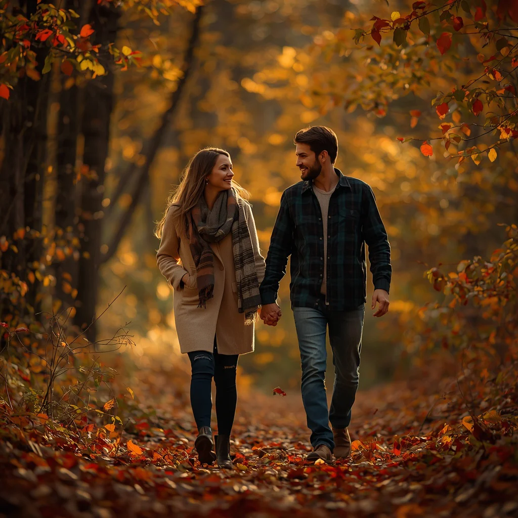 Romantic Couple's Autumn Forest Walk with Golden Leaves — AI image prompt