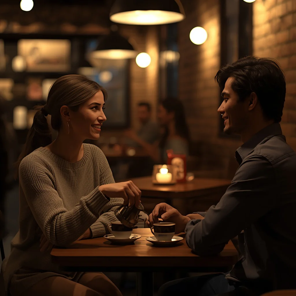 Romantic Couple's Candid Moments in a Cozy Cafe — AI image prompt