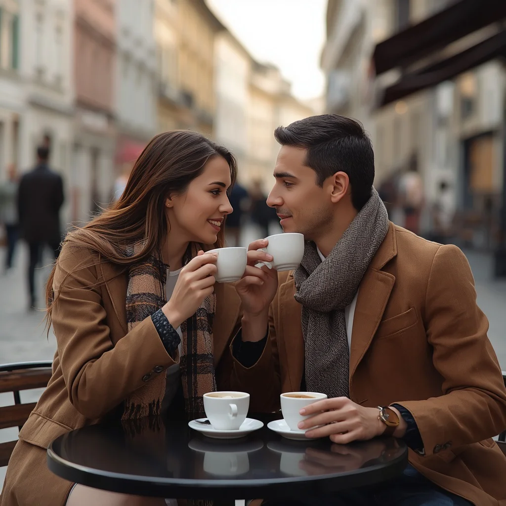 Romantic Couple's Coffee Date in a Bustling European City — AI image prompt