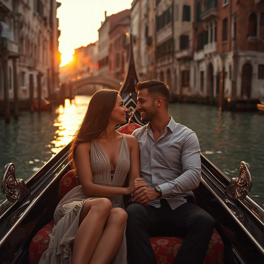 Romantic Couple's Gondola Ride in Venice at Sunset — AI image prompt