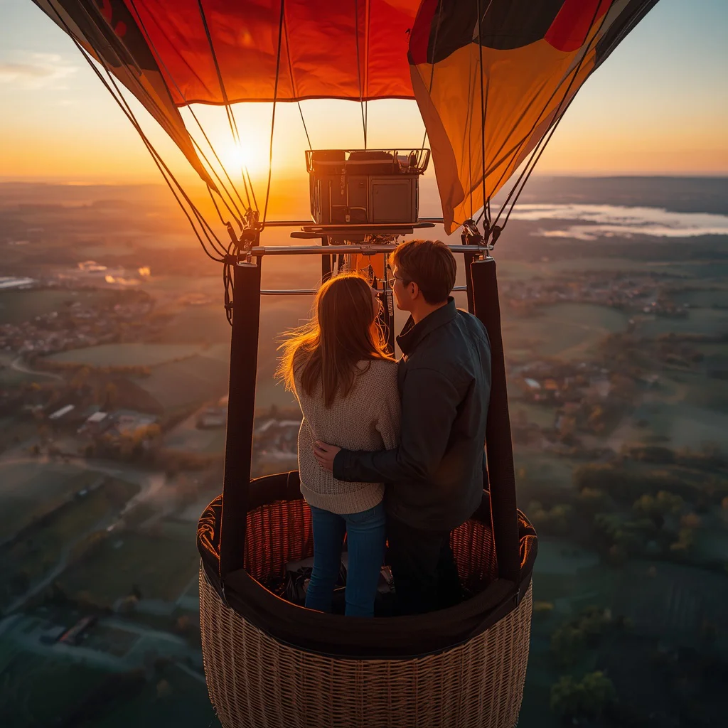 Romantic Couple's Hot Air Balloon Ride at Sunrise — AI image prompt