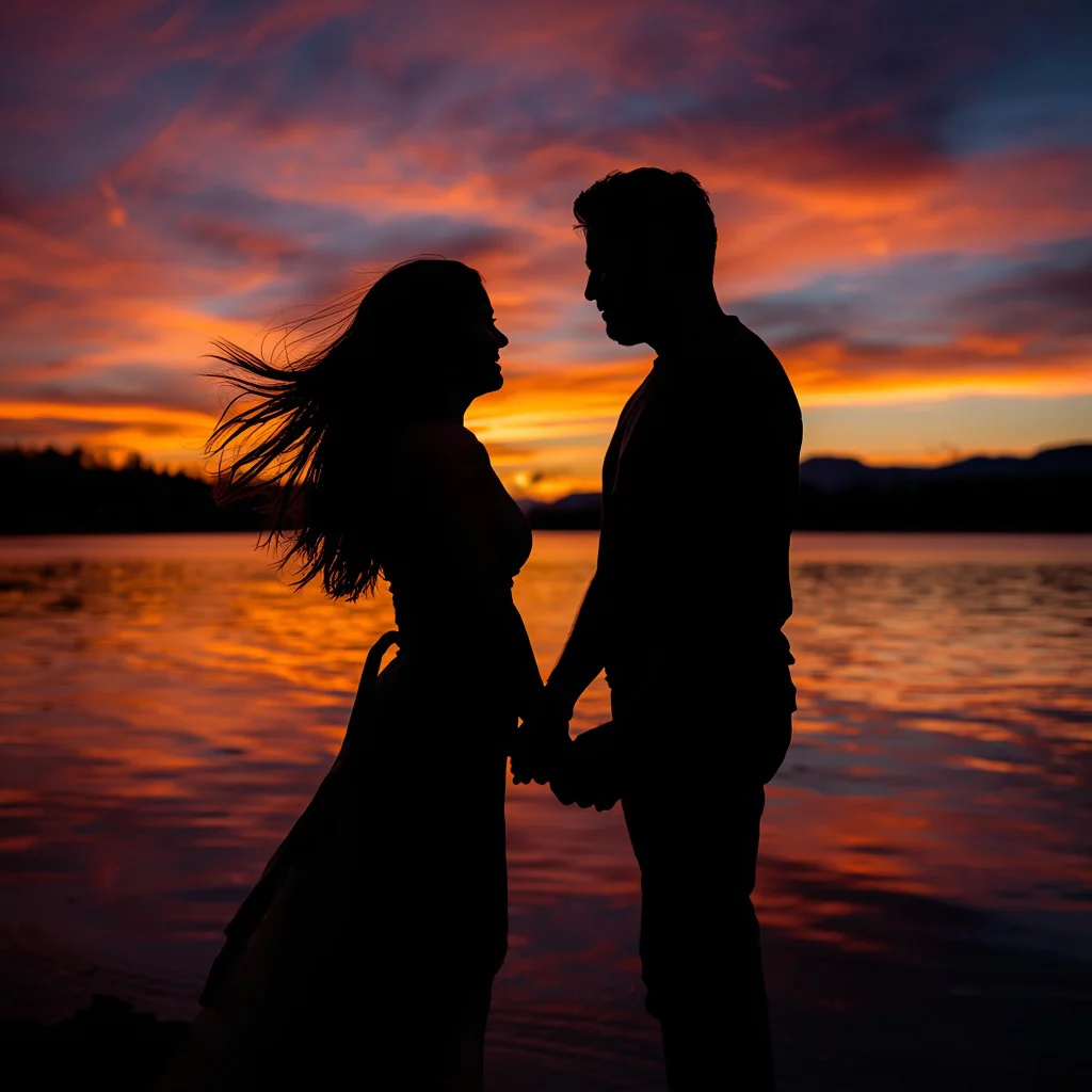 Romantic Couple's Lakeside Sunset Silhouette — AI image prompt