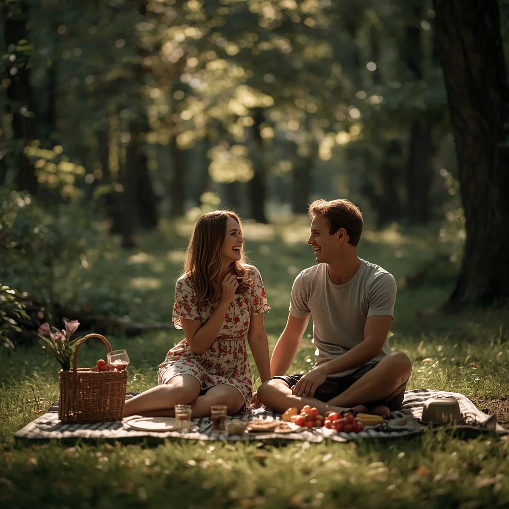 Romantic Couple's Picnic in a Sun-Dappled Forest Clearing — AI image prompt