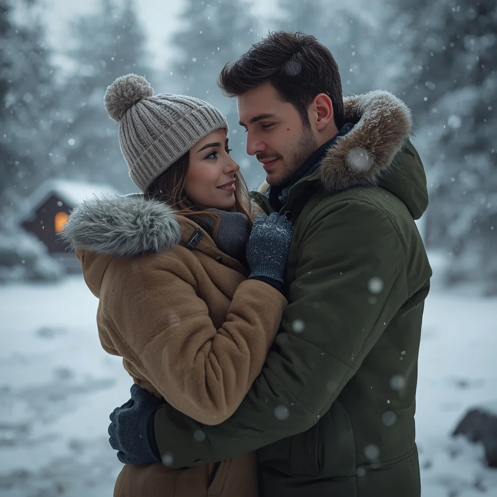Romantic Couple's Winter Wonderland Embrace with Gentle Snowfall — AI image prompt