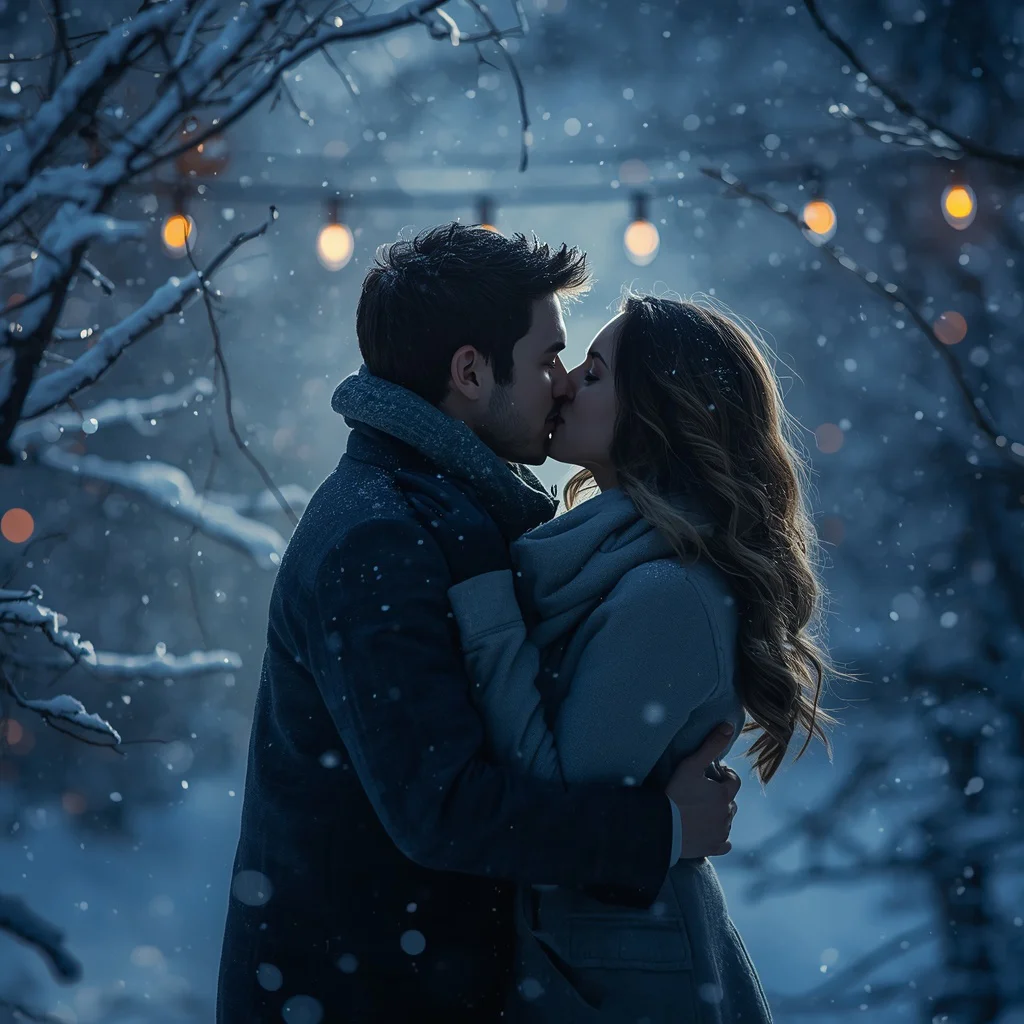 Romantic Embrace: A Couple's Kiss in a Winter Wonderland — AI image prompt