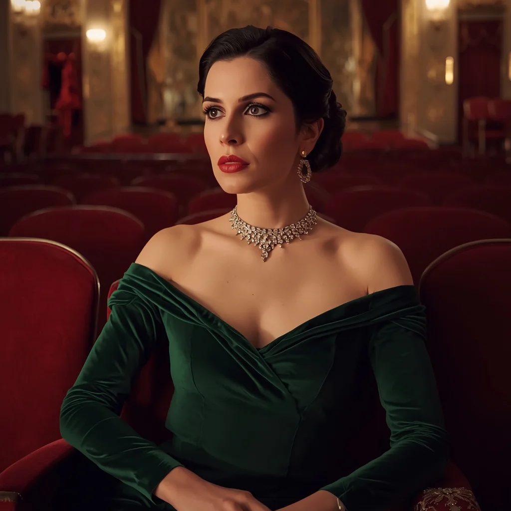 Sophisticated Opera Night Look in a Rich Emerald Green Velvet Gown — AI image prompt