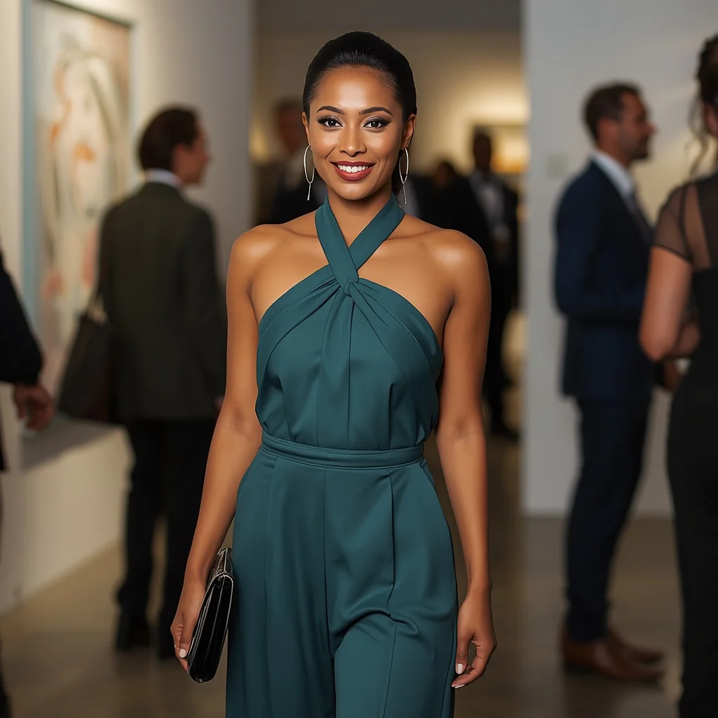 Sophisticated Urban Art Gallery Opening in a Teal Jumpsuit — AI image prompt