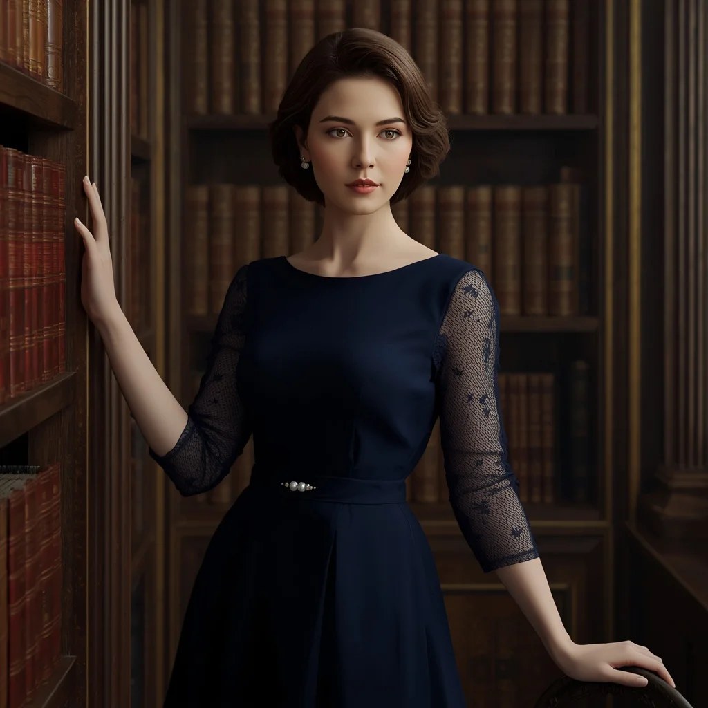 Timeless Elegance in a Sophisticated Navy Blue Tea-Length Dress — AI image prompt