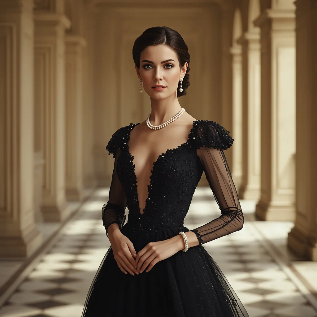 Timeless Sophistication in a Pearl Embellished Black Gown — AI image prompt