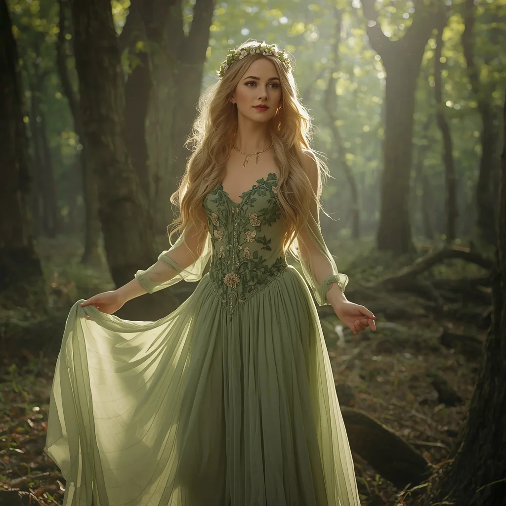 Whimsical Forest Fairy in a Flowing Embroidered Gown — AI image prompt
