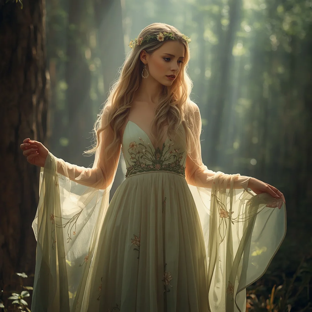 Whimsical Forest Fairy in a Flowing Embroidered Peach Gown — AI image prompt