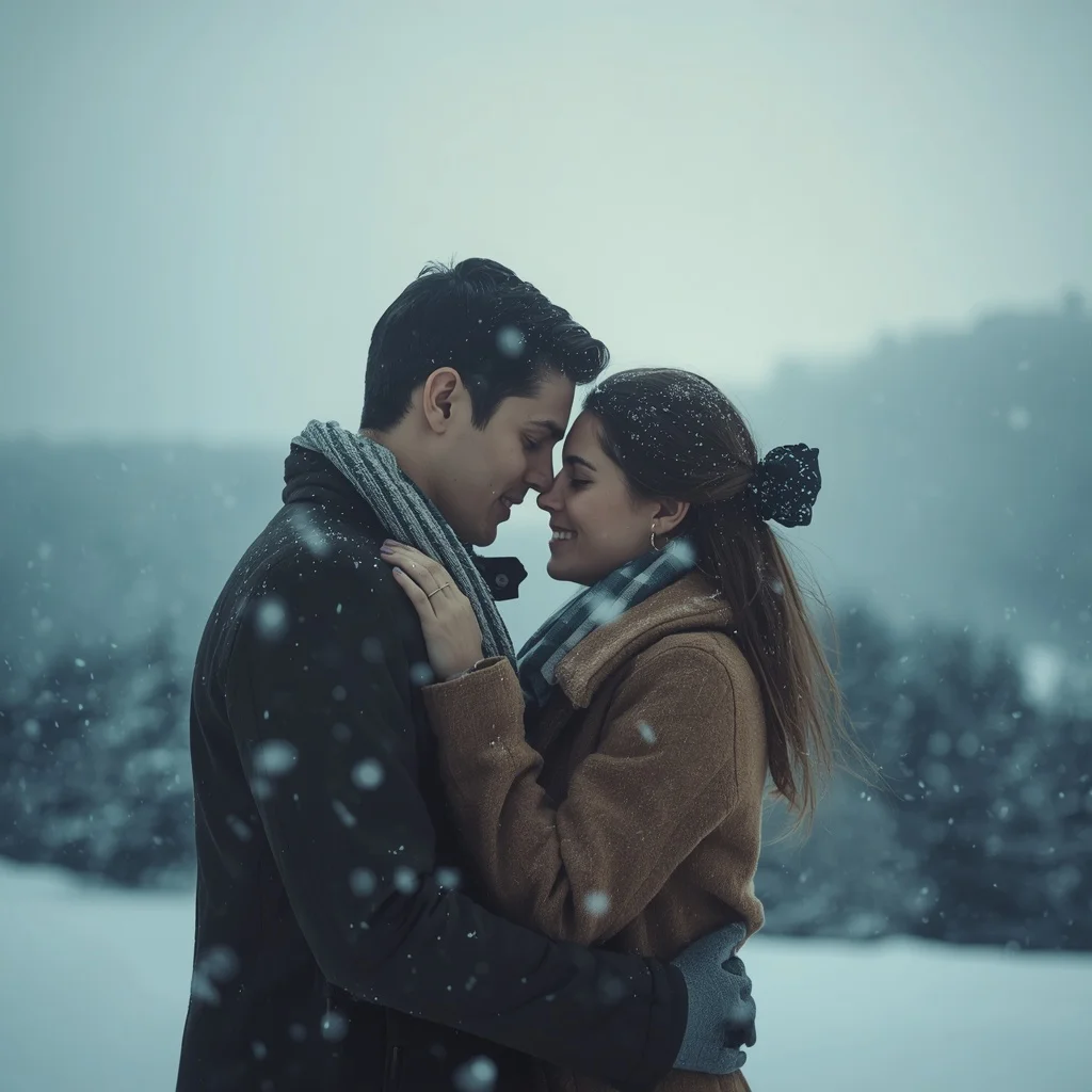 Winter Romance: A Couple's Tender Moment in a Snowy Landscape — AI image prompt